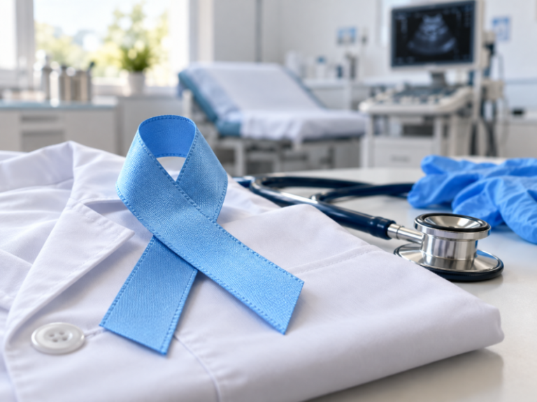 Lazo celeste sobre bata medica