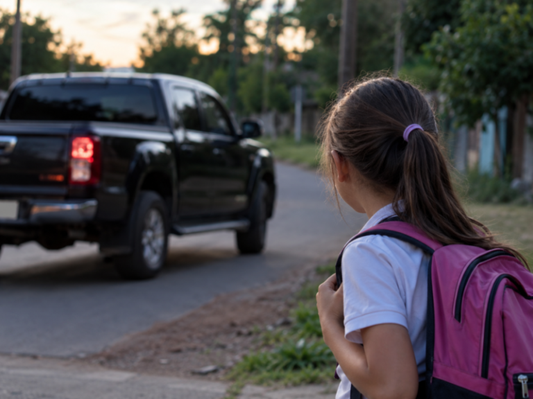 Nina con mochila rosa junto a una camioneta