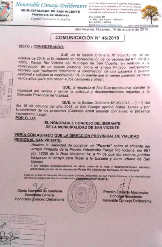 Pedido del Concejo Deliberante de San Vicente