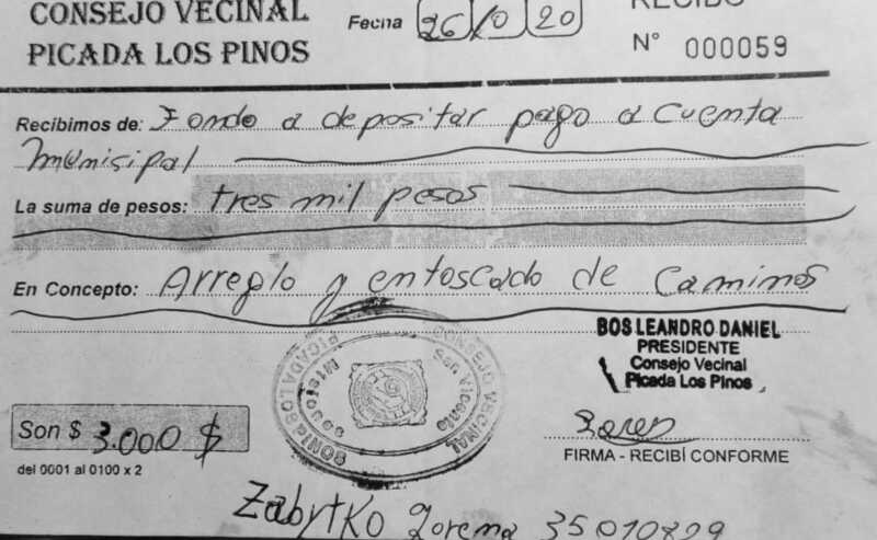 Recibo del Consorcio Vecinal por cada pago realizado por los vecinos de Los Pinos