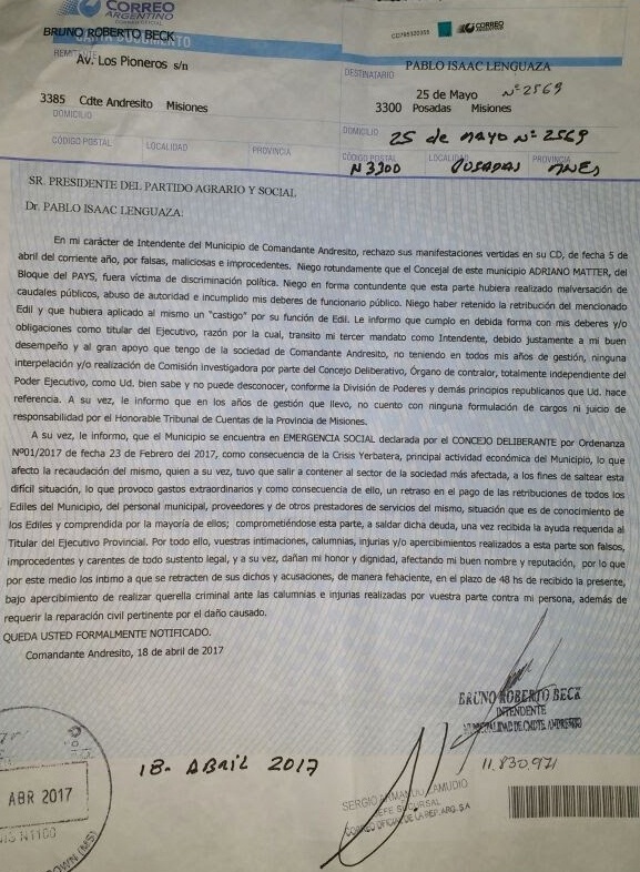 Respuesta del intendente B. Beck