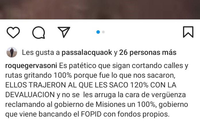 Gervasoni apuntó contra los docentes: "Es patético que corten calles y rutas" 1 like
