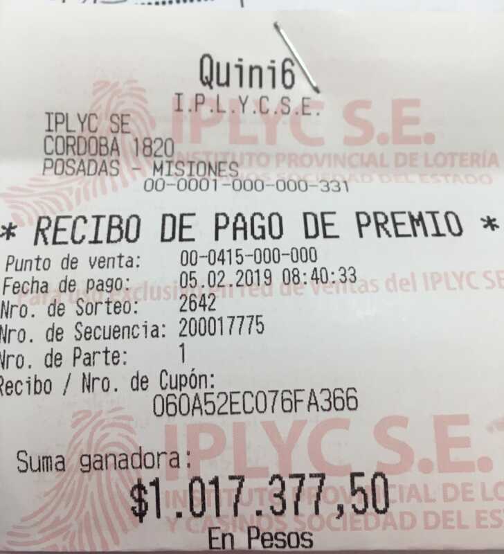 Quini 6 entregó un millón de pesos a apostador de la zona Norte de Misiones 1 quini feb 2019