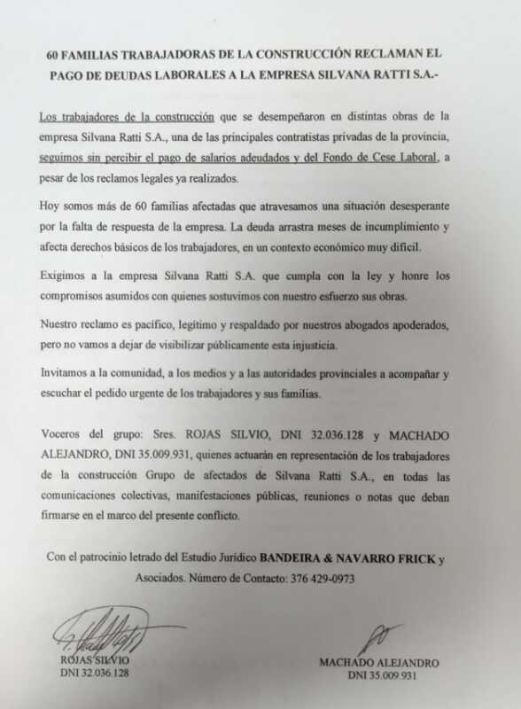 Unas 60 familias de la construcción en Misiones reclaman deudas salariales a Silvana Ratti S.A. 2 WhatsApp Image 2025 08 22 at 14.18.58