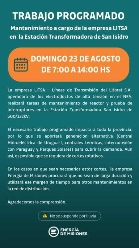 Misiones podría tener cortes rotativos de luz este domingo por trabajos de mantenimiento 1 WhatsApp Image 2026 08 22 at 09.41.58 1