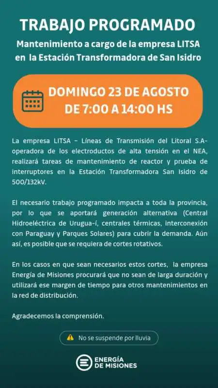 Misiones podría tener cortes rotativos de luz este domingo por trabajos de mantenimiento 1 WhatsApp Image 2026 08 22 at 09.41.58 1